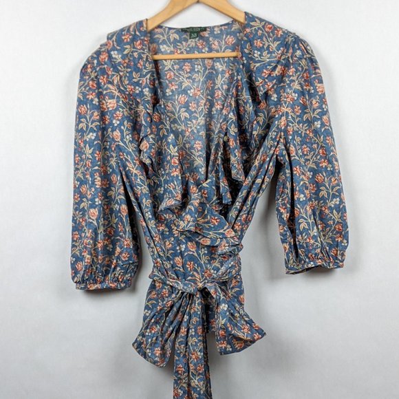 Lauren Ralph Lauren Tops - LRL Floral Ruffle Wrap 3/4 Sleeve Tie Top XL